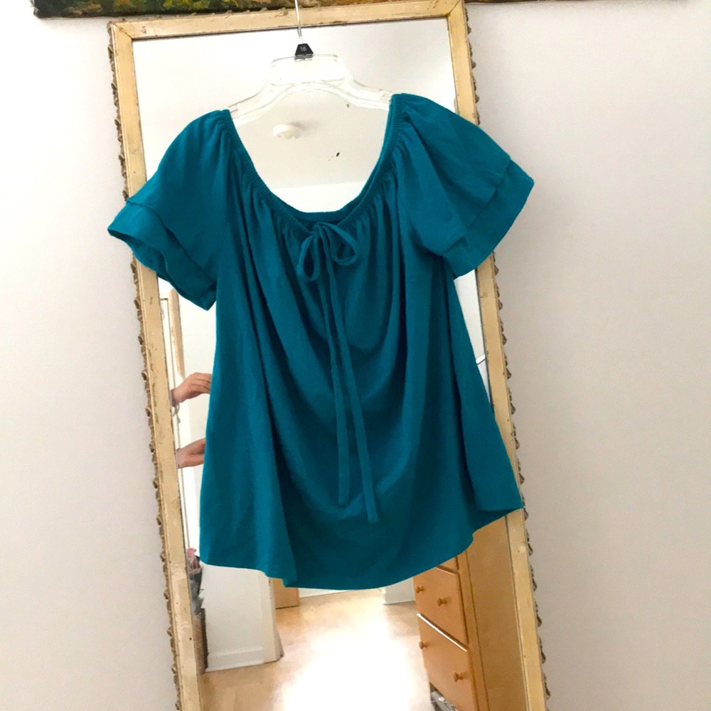 Lane Bryant Teal Blue Peasant Tie Blouse